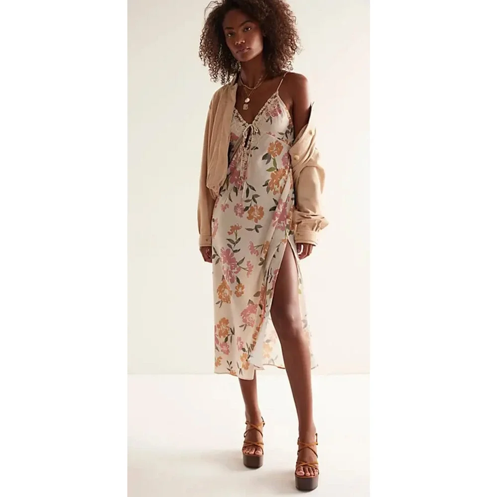 NEW FREE PEOPLE INTIMATELY NEUTRAL COMBO SOMEONE LIKE YOU MIDI SLIP DRESS SZ M
